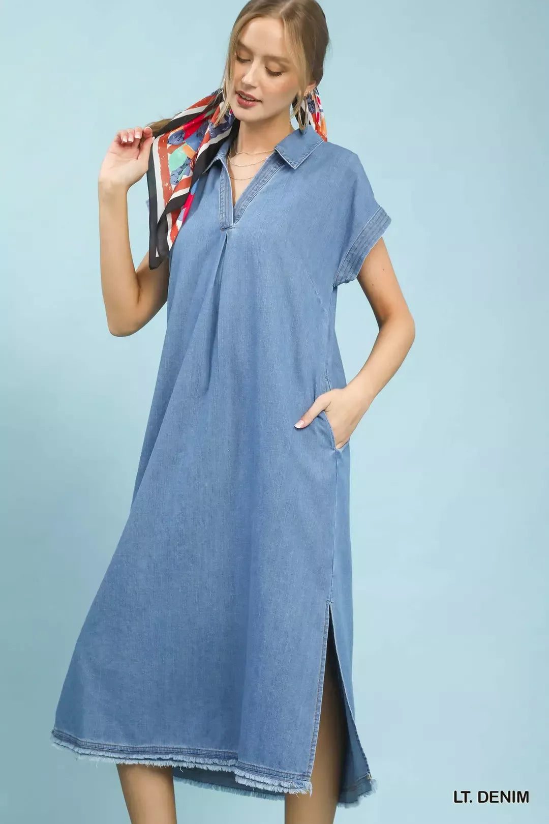Stone Washed Collared Denim Midi Dress back view