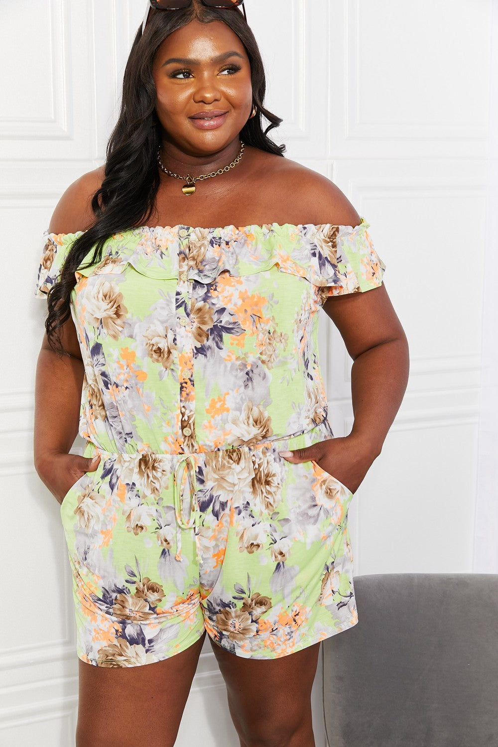 Pure Delight Floral Off Shoulder Romper styled look
