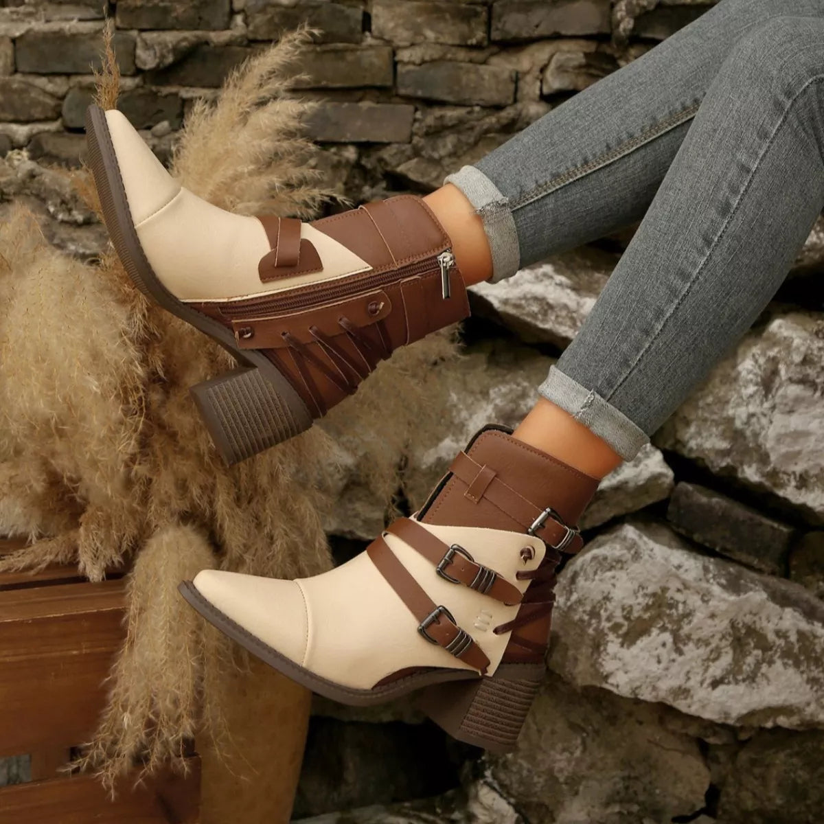 Point Toe Buckle Strap Ankle Boots with Block Heel left boot detail