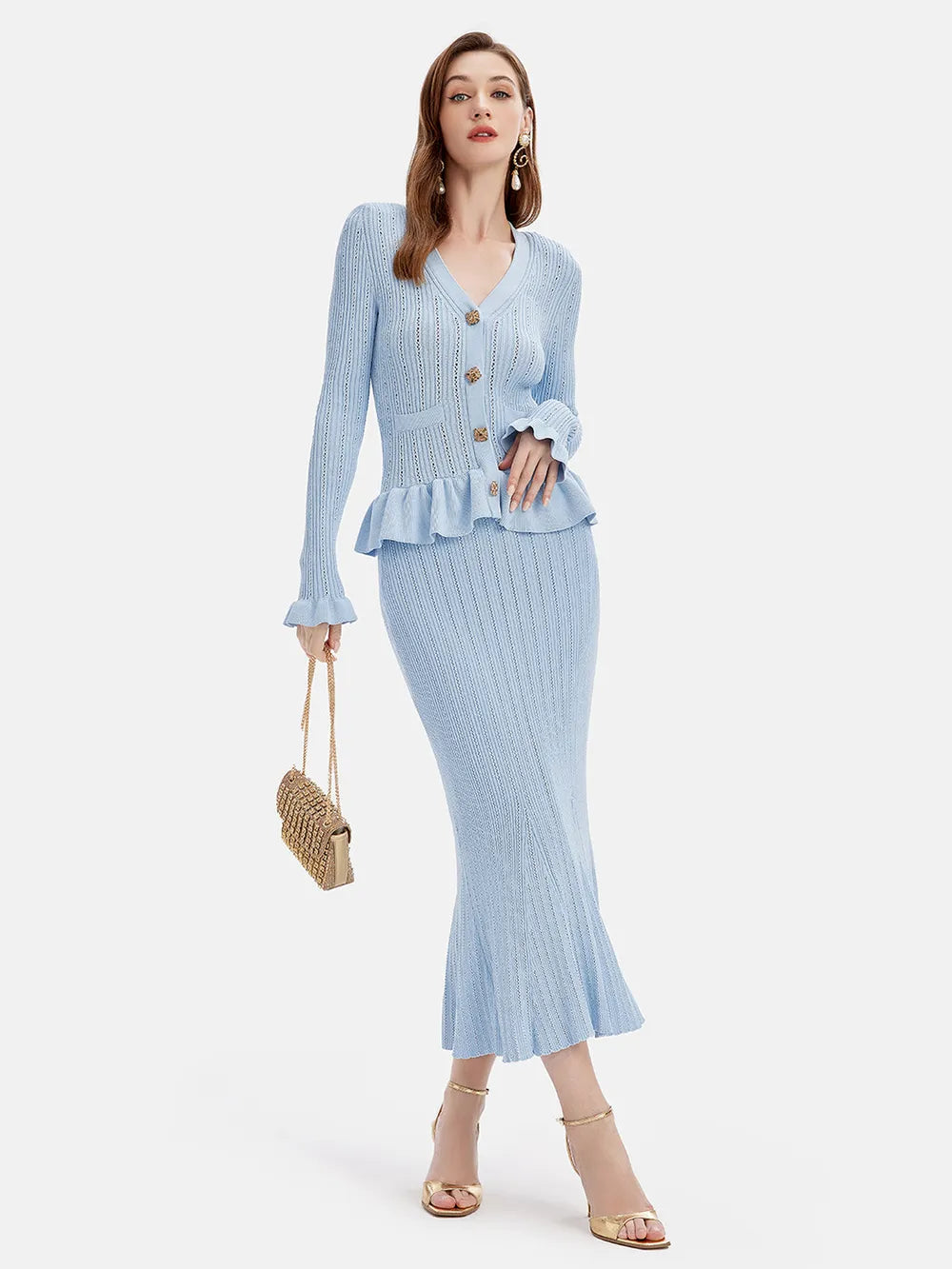 Ruffled V-Neck Top and Midi Skirt Sweater Set Light Blue One Size - Fashorio