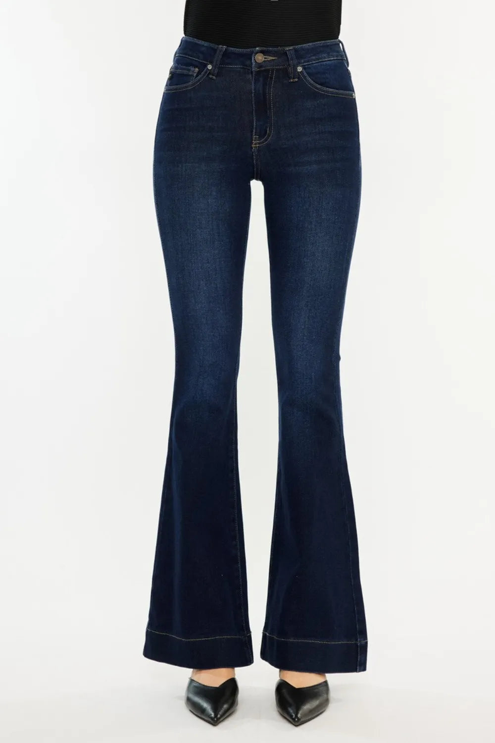 Kancan High Rise Slim Flare Jeans – Dark Wash Stretch Denim - Fashorio