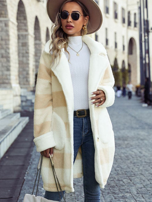 Plaid Button Down Coat with Pockets Beige - Fashorio