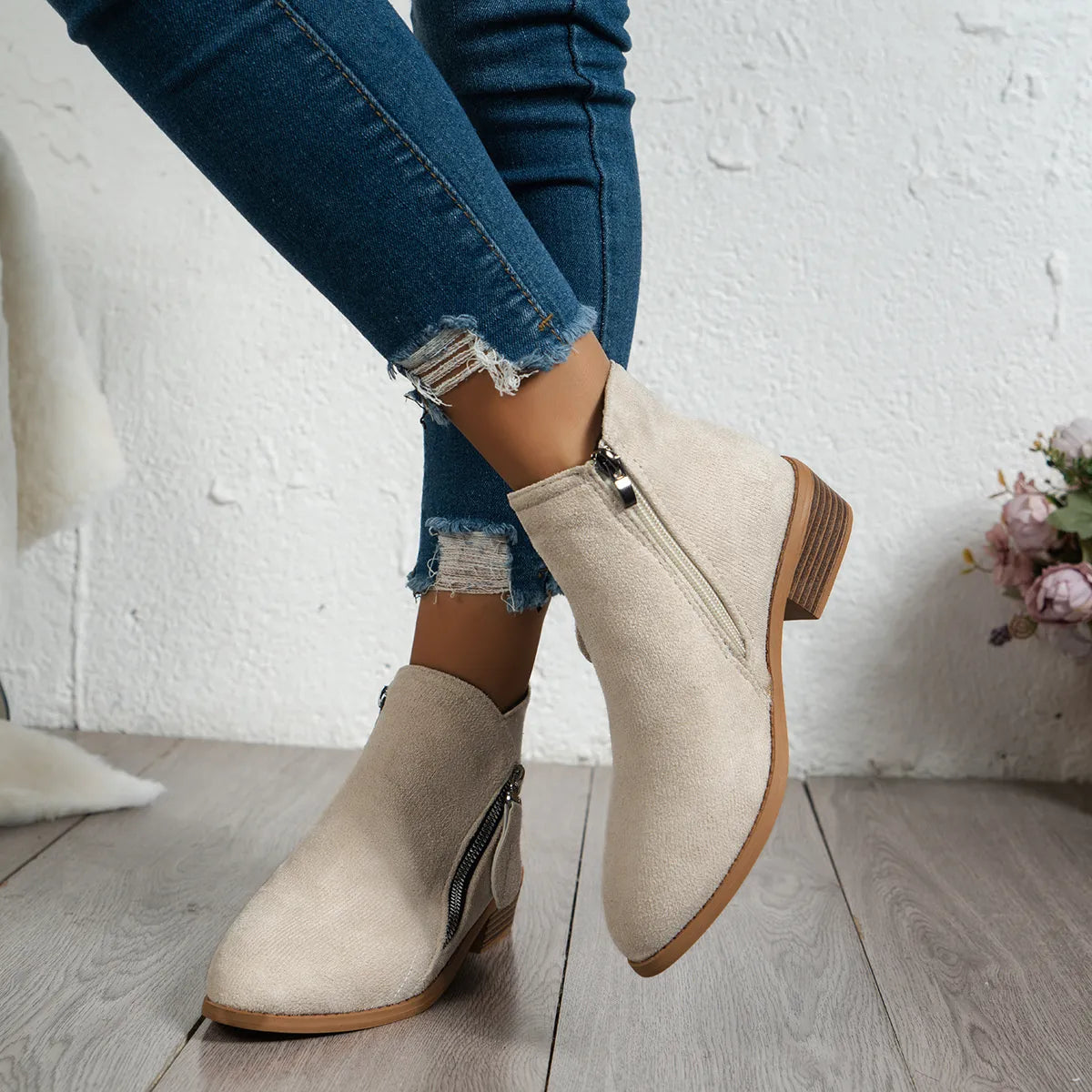 Side Zip Ankle Boots with Block Heel - Fashorio