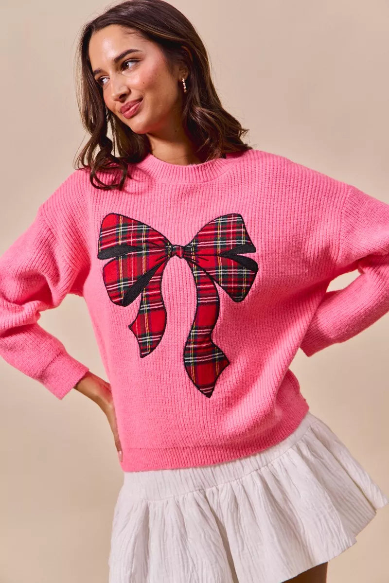 Checker Plaid Ribbon Christmas Sweater in Pink view 7