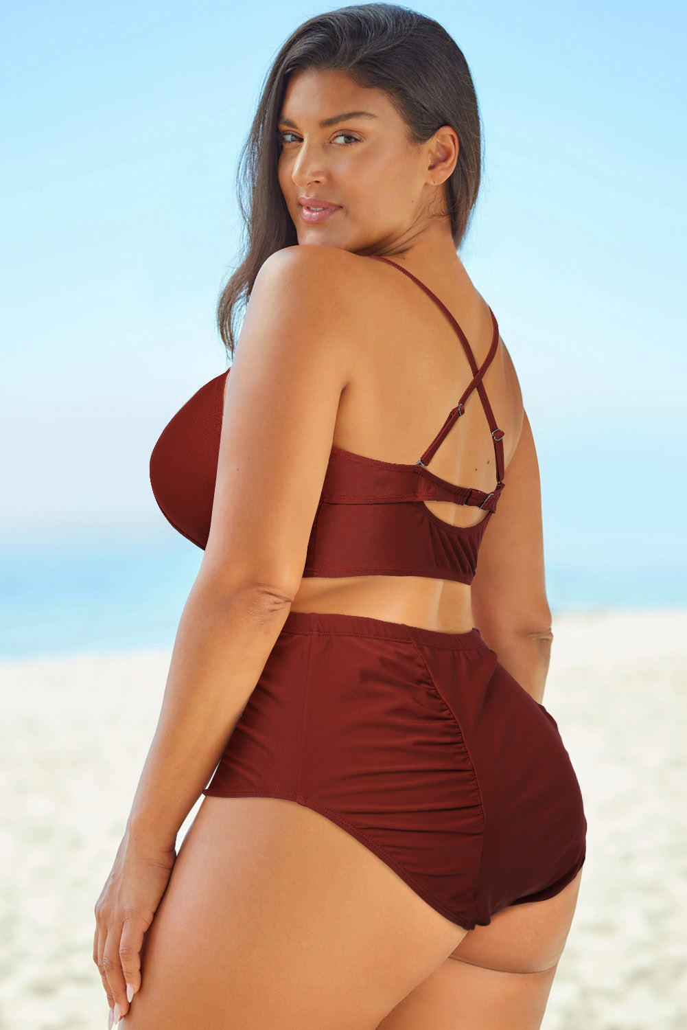 Full Size Halter Neck Crisscross Ruched Two-Piece Swimsuit - Fashorio