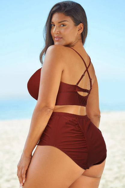 Full Size Halter Neck Crisscross Ruched Two-Piece Swimsuit - Fashorio