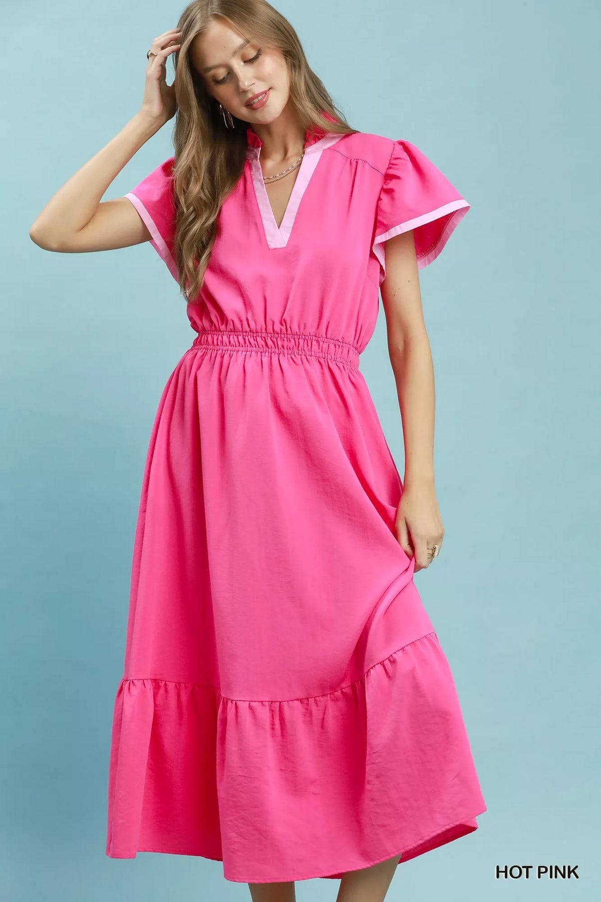 Hot pink contrast trim tiered ruffle midi dress front view