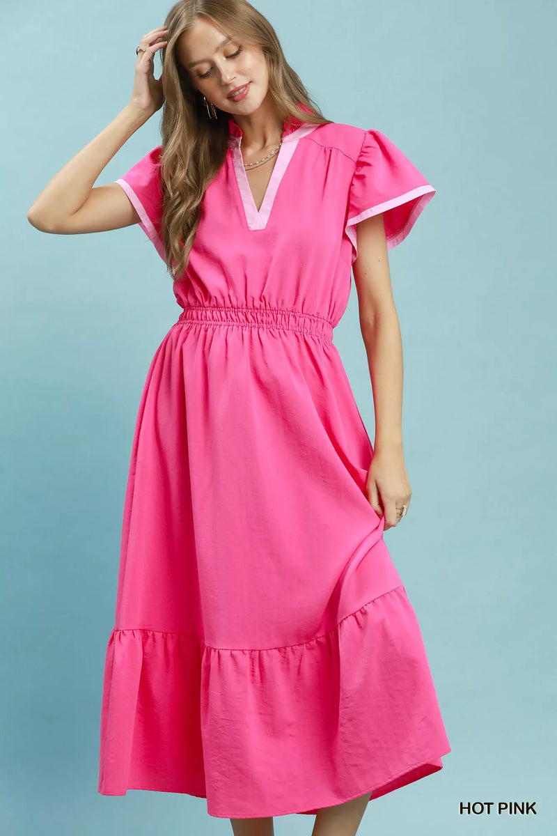 Hot pink contrast trim tiered ruffle midi dress front view
