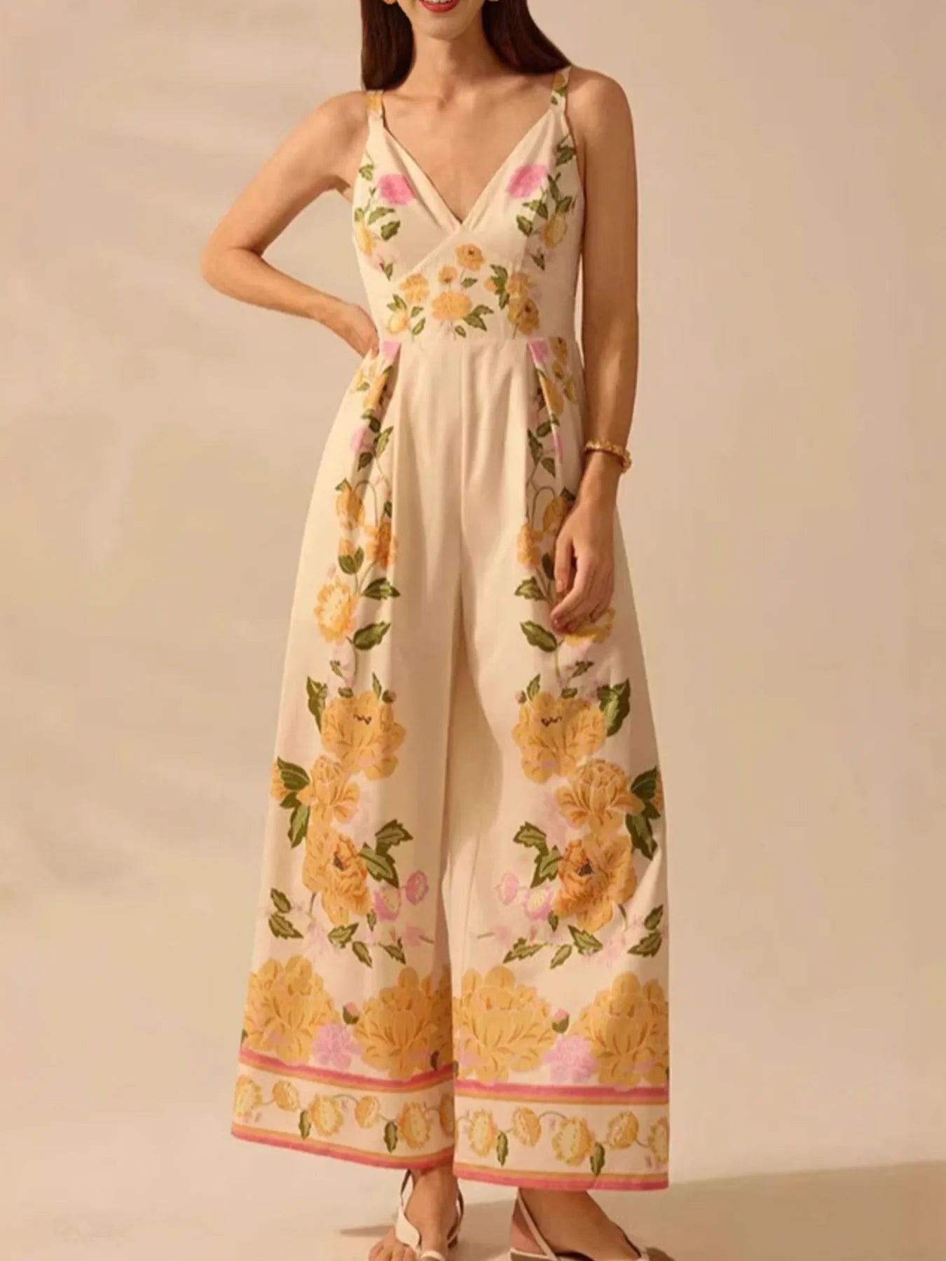 Floral Print Wide-Leg V-Neck Cami Jumpsuit - Fashorio