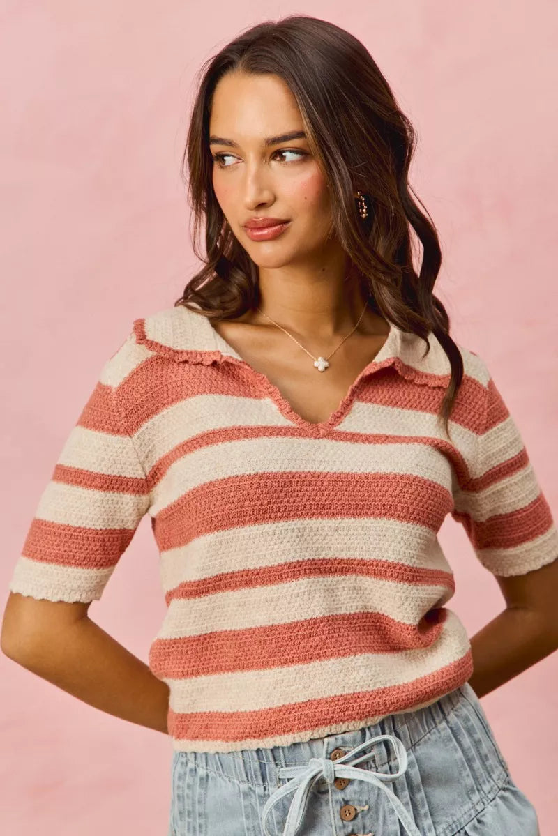 Striped Short Sleeve Cropped Sweater in Cream and Pink view 7
