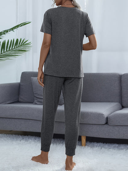 Shiny Round Neck Short Sleeve Top and Pants Set - Fashorio