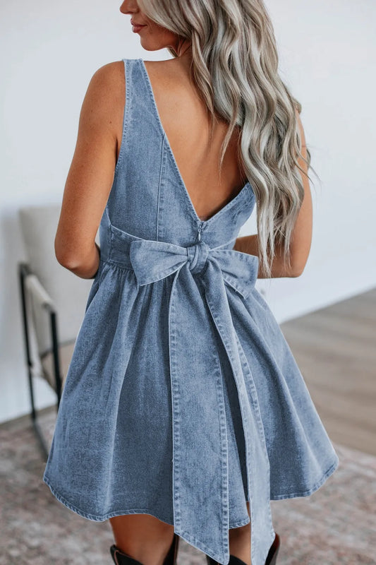V-Back Bow Tie Denim Skater Dress Light Blue - Fashorio