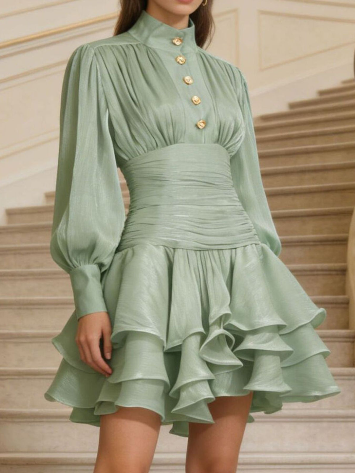 Ruffled layered lantern sleeve mini dress side view