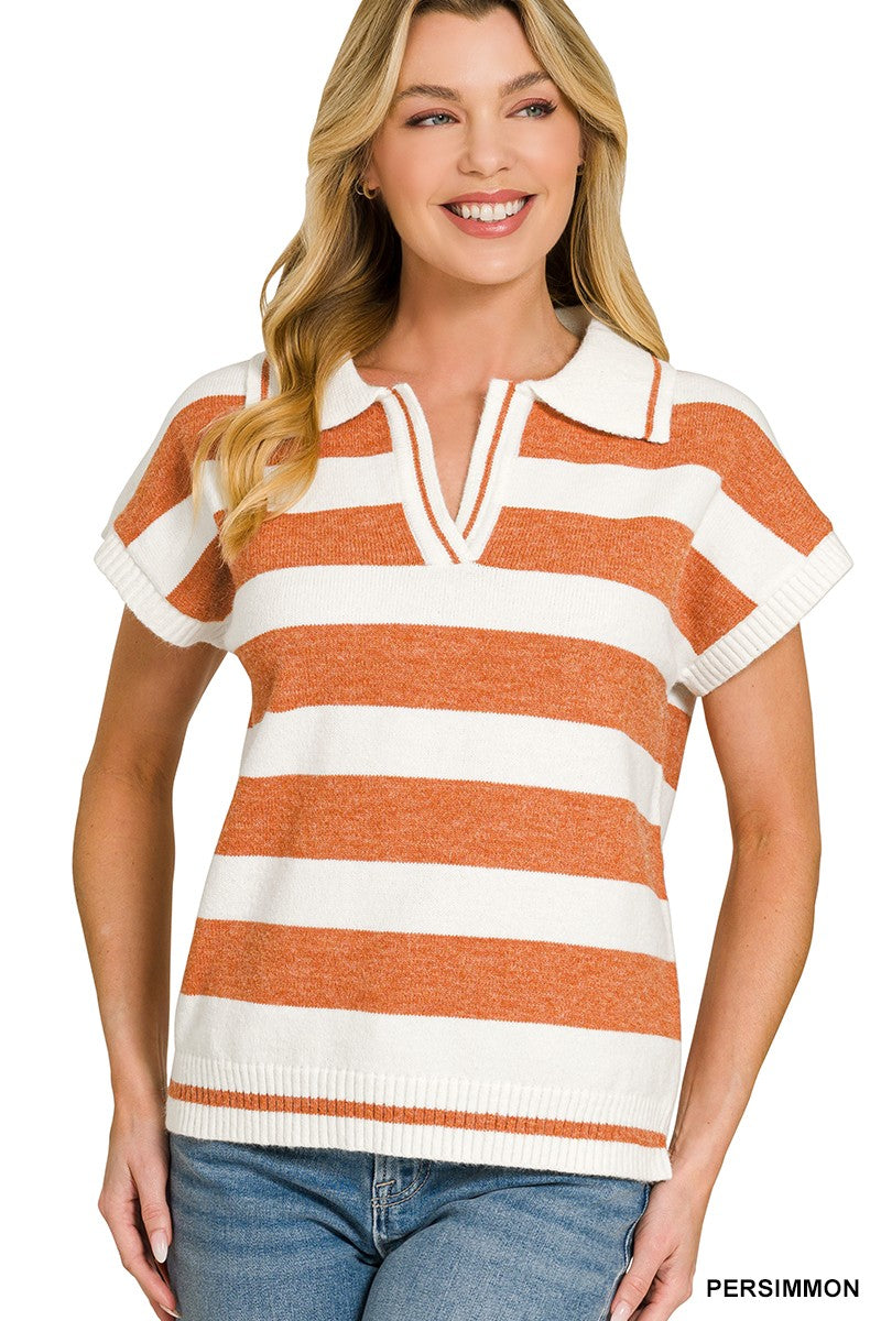 Striped collared short sleeve polo sweater front view