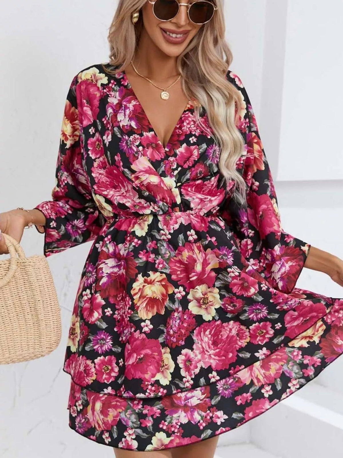 Floral print tiered ruffle hem mini dress front view