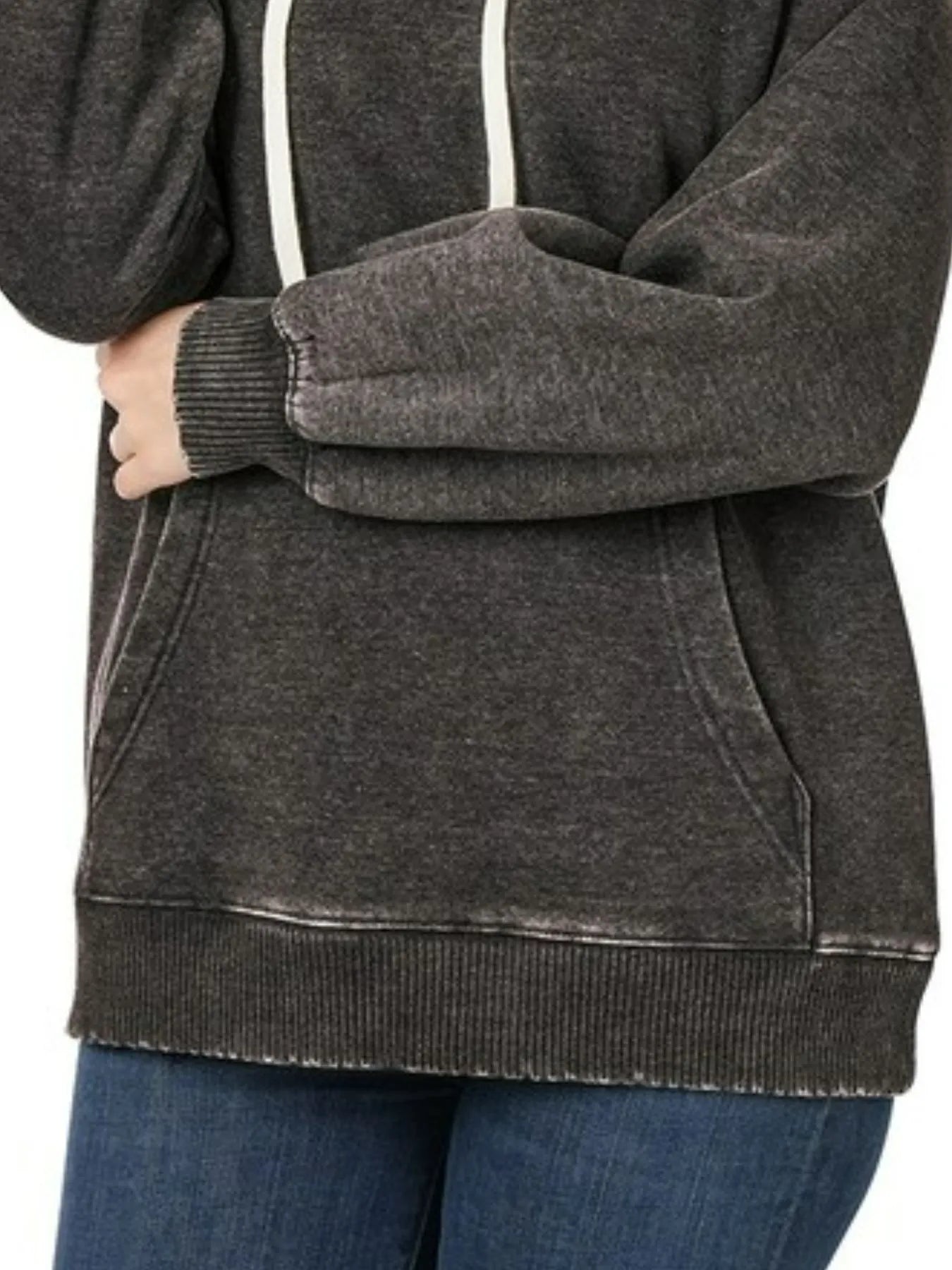 Zenana Acid Wash Fleece Hoodie with Drawstring - Fashorio