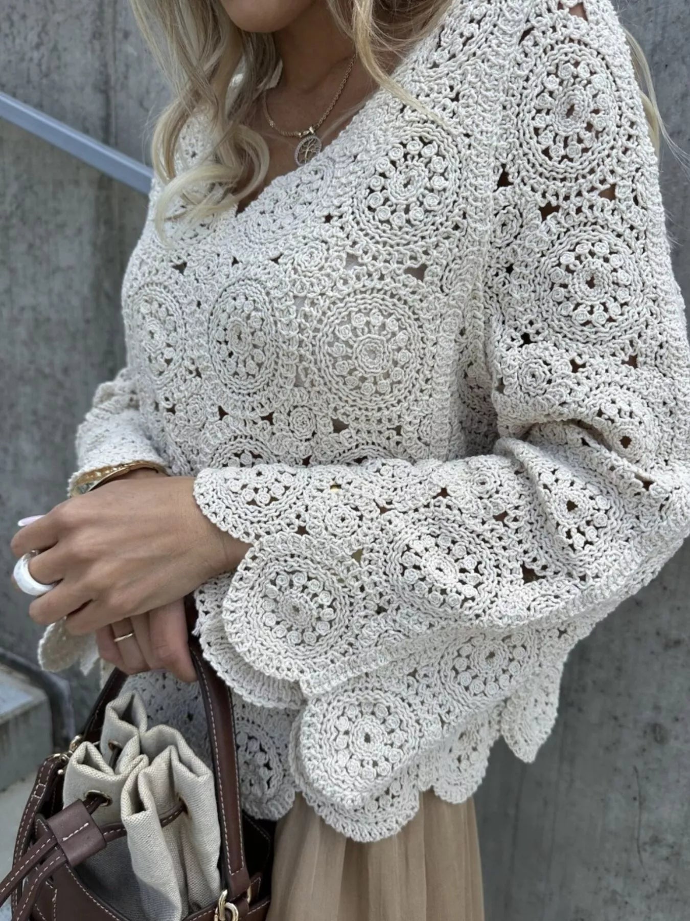 Crochet Lace V-Neck Bell Sleeve Knit Top - Fashorio
