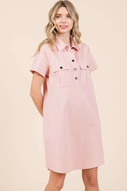 Button Detail Collared Neck Short Sleeve Shirt Dress detail