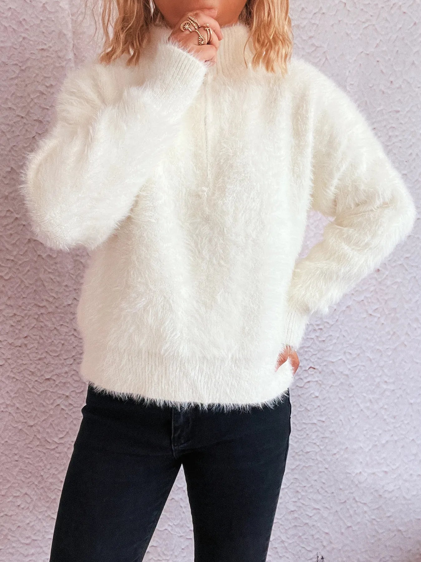 Cozy Fuzzy Half-Zip Sweater White One Size - Fashorio