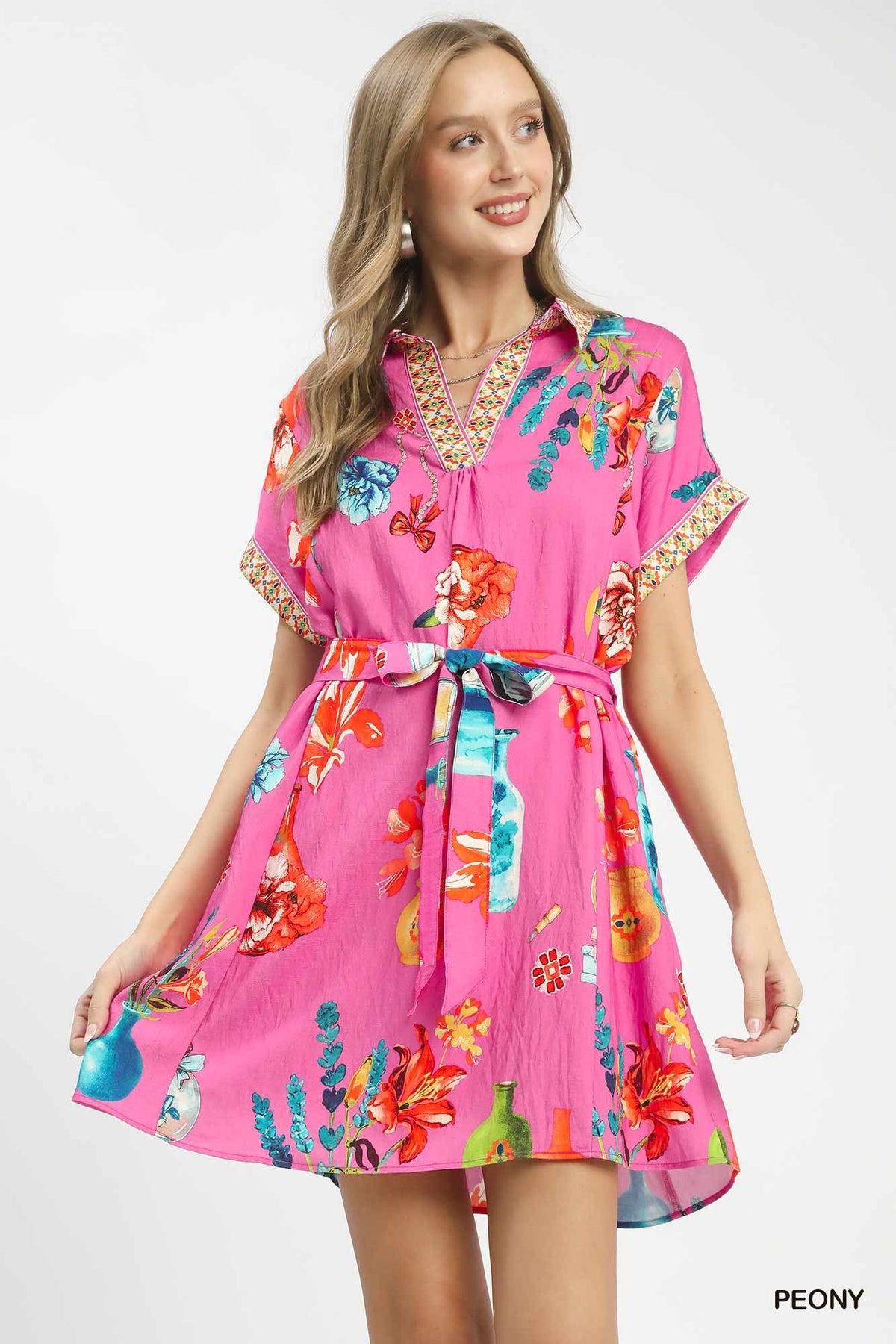 Floral Print Belted Mini Dress in Peony