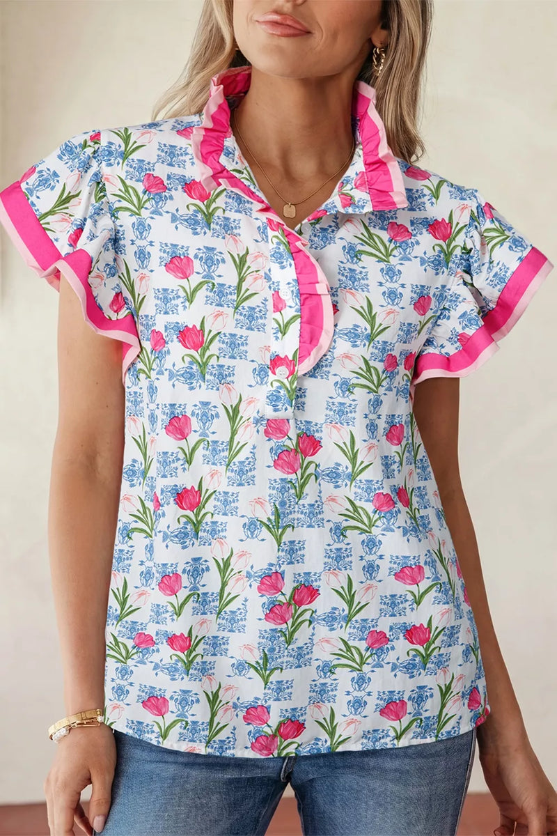 Floral print ruffle collar blouse front view