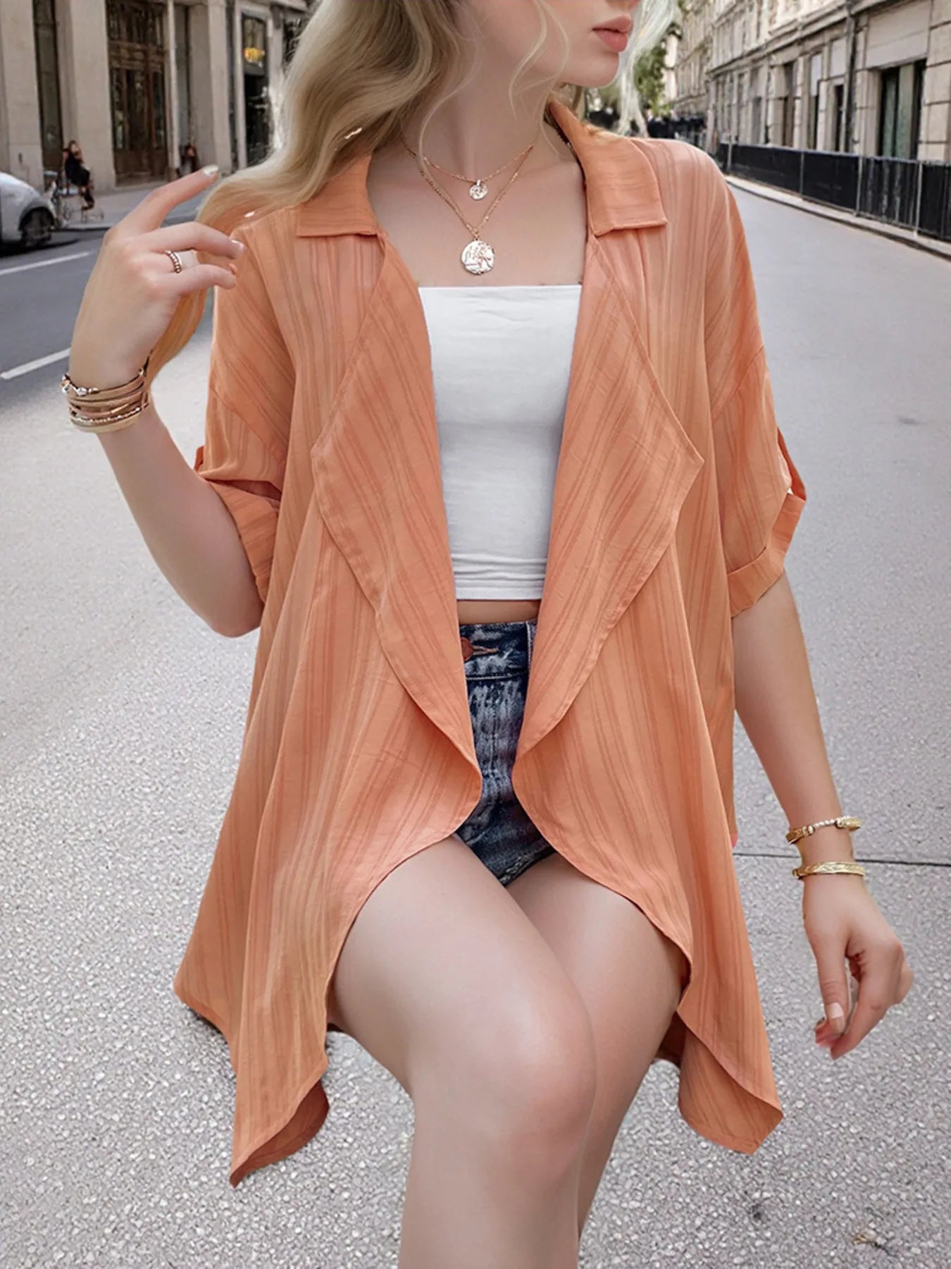 Open Front Half Sleeve Cardigan - Fashorio