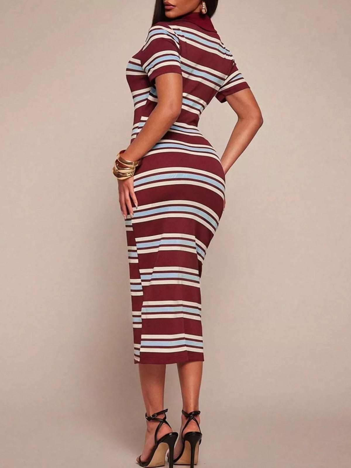 Striped polo collar midi dress detail view