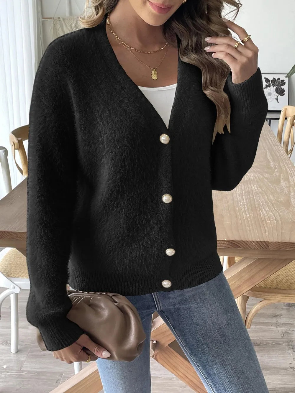Button Up V-Neck Long Sleeve Cardigan - Fashorio