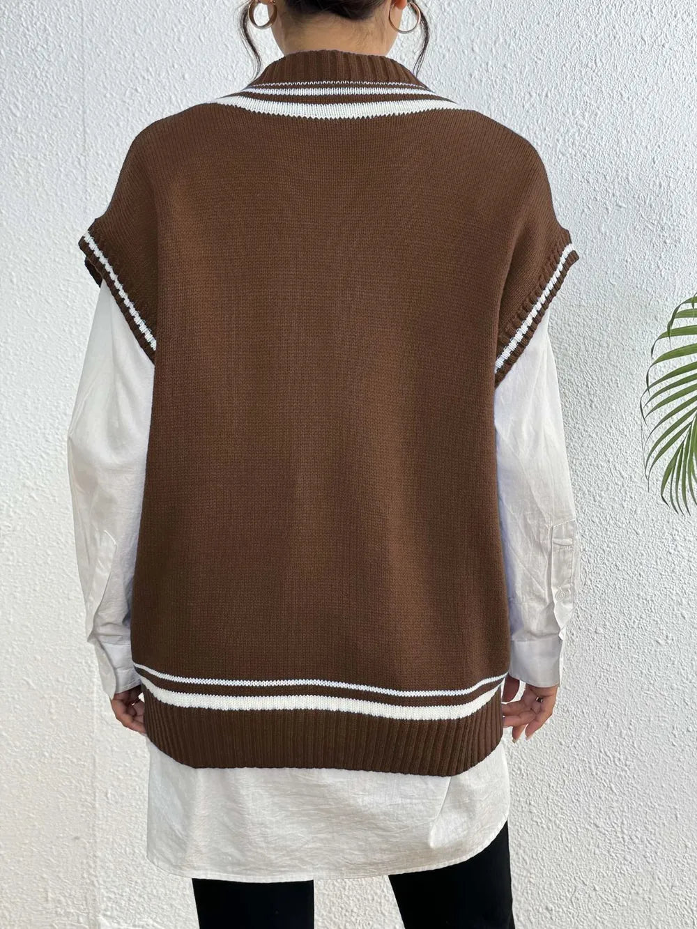 Pearl Trim Contrast V Neck Sweater Vest in Brown back view