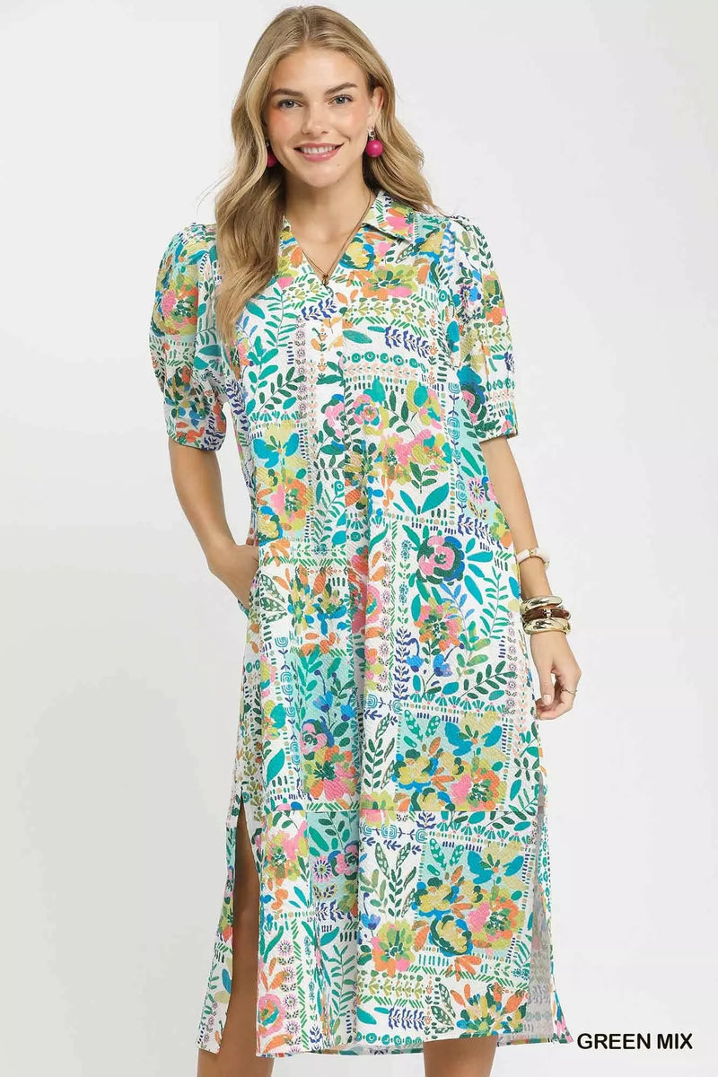 umgee folk print green midi dress front view