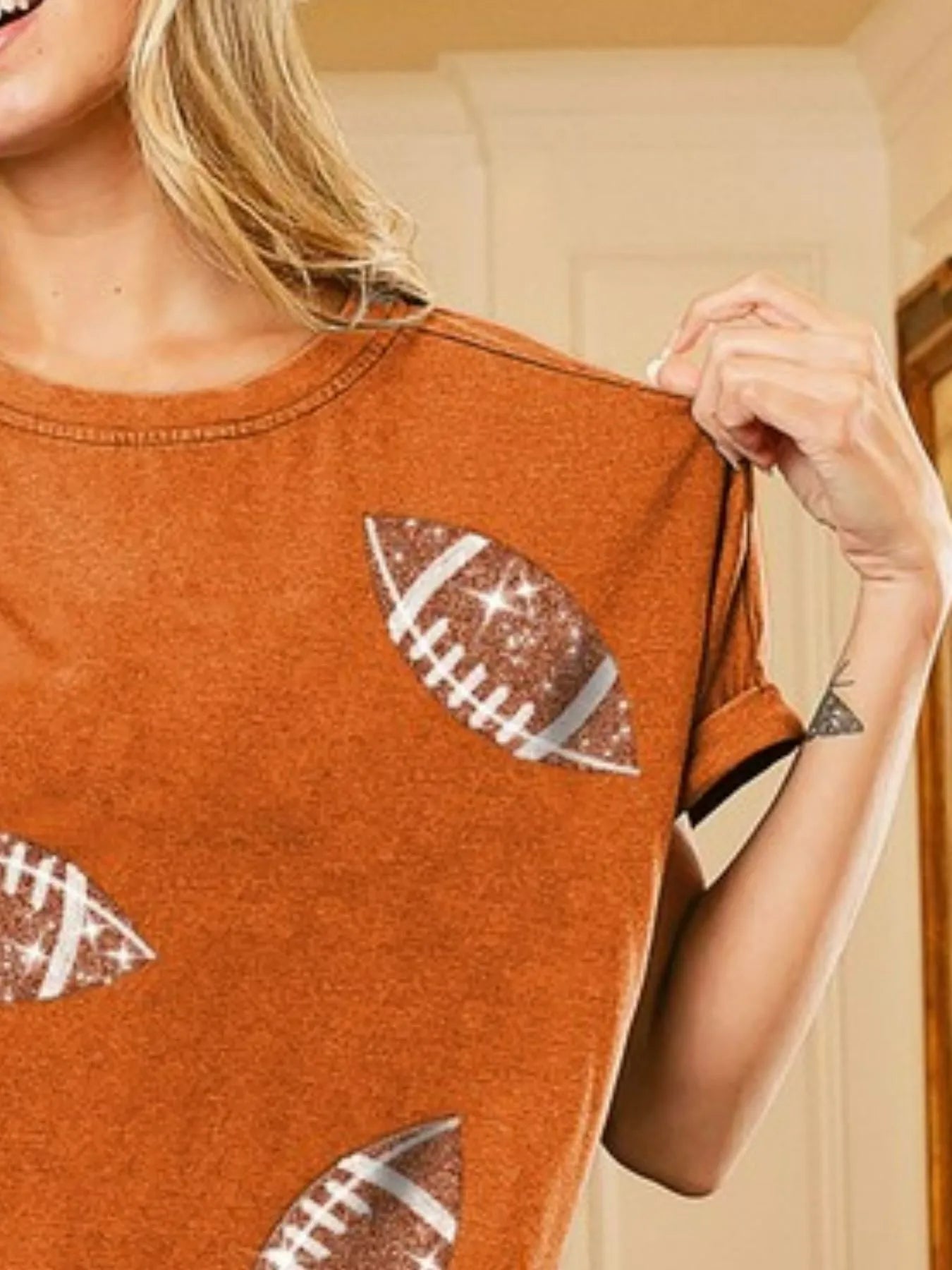 BiBi Football Sequin Embroidery Vintage Washed Top - Fashorio