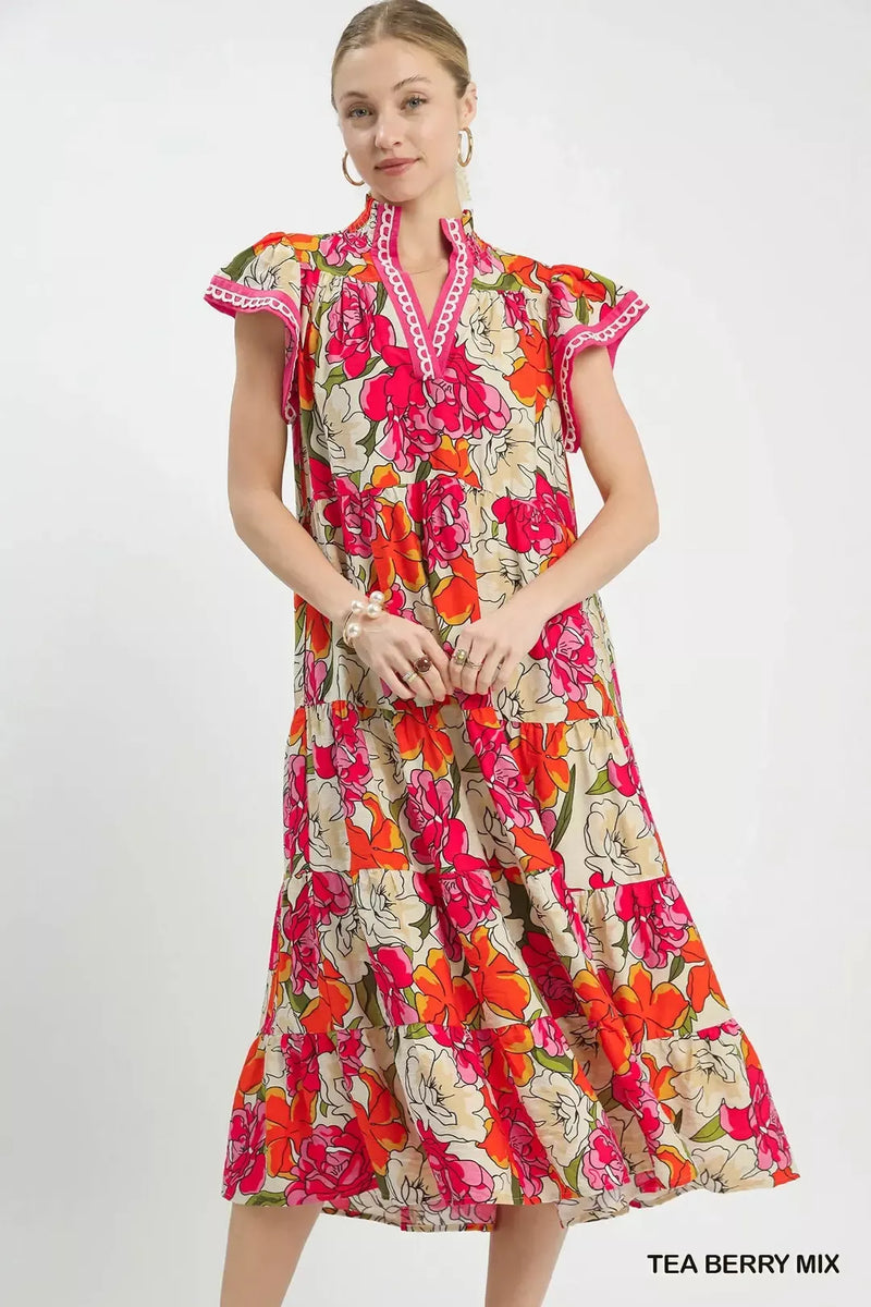 Umgee floral tiered midi dress front view