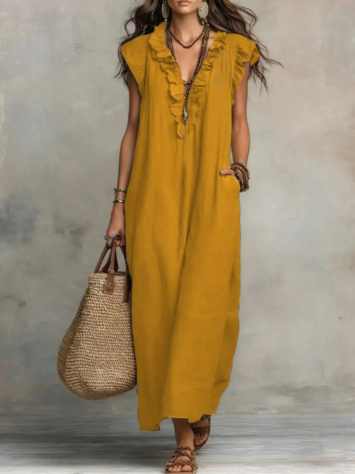 V neck long dress shown in a green colourway