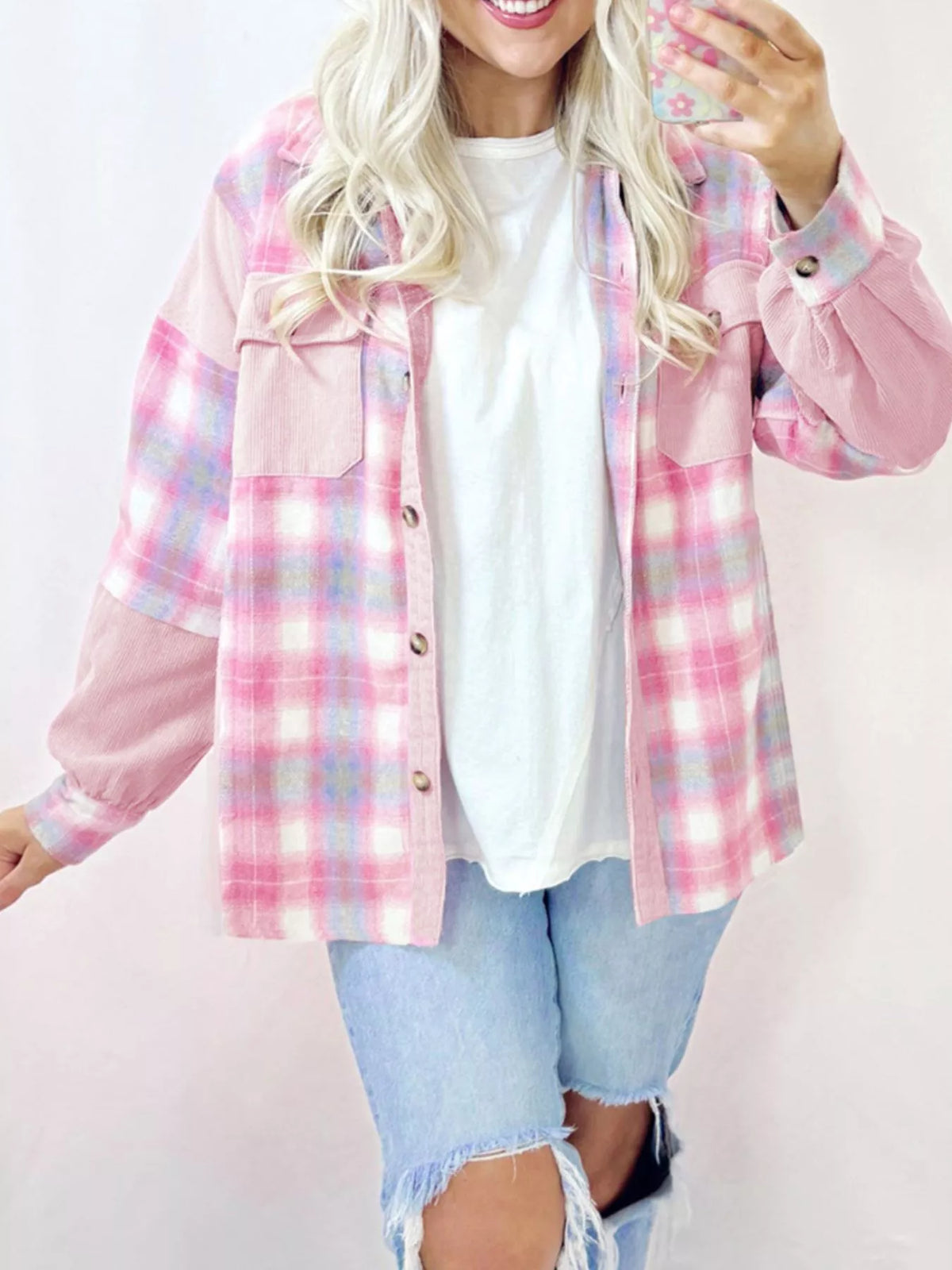 Plaid Button Up Jacket in Blush Pink side view