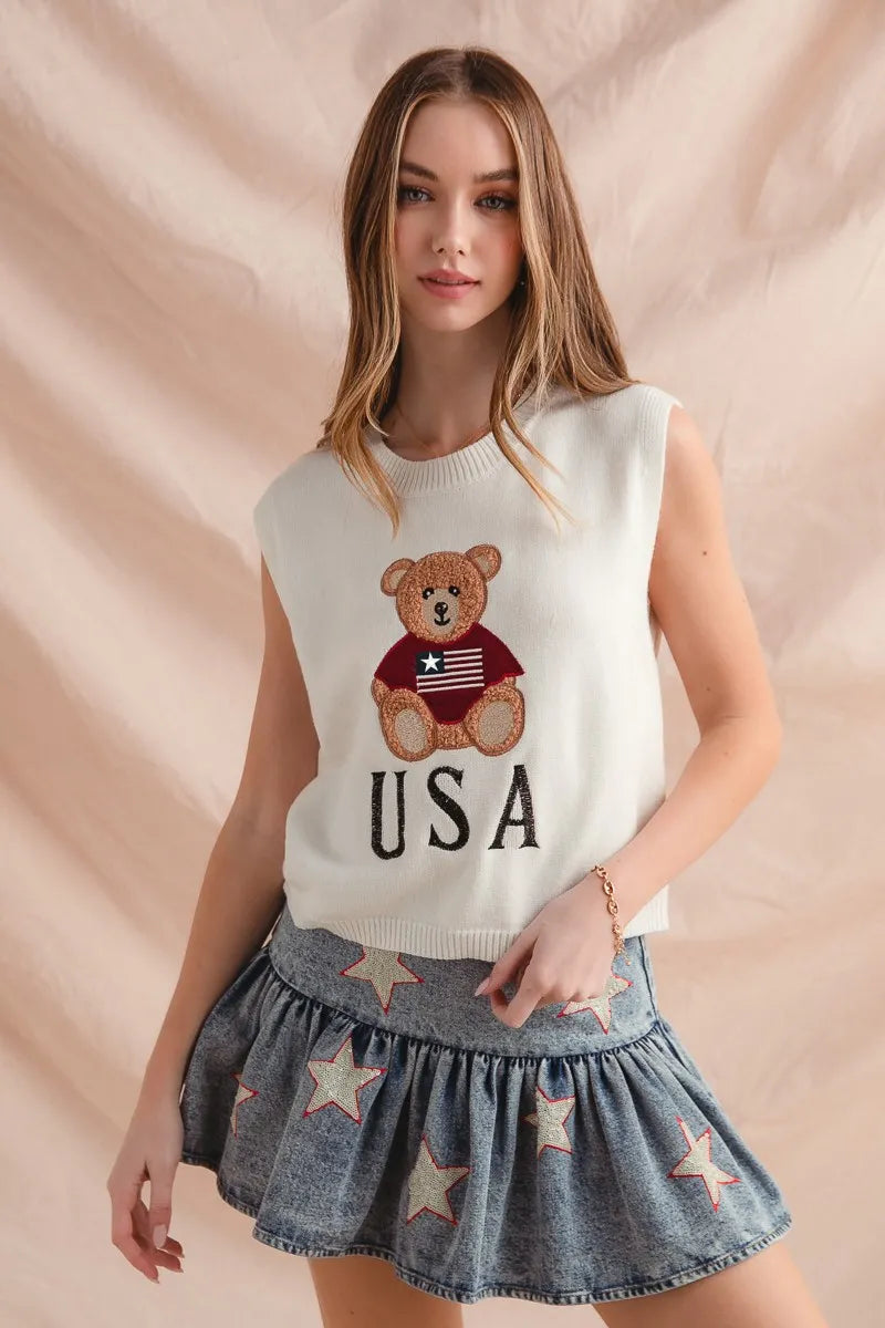 SO ME Teddy Bear Wearing An American Flag With Usa Embroidered Sweater Vest - Fashorio