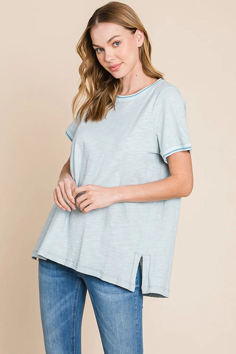 Contrast trim side slit short sleeve top front view