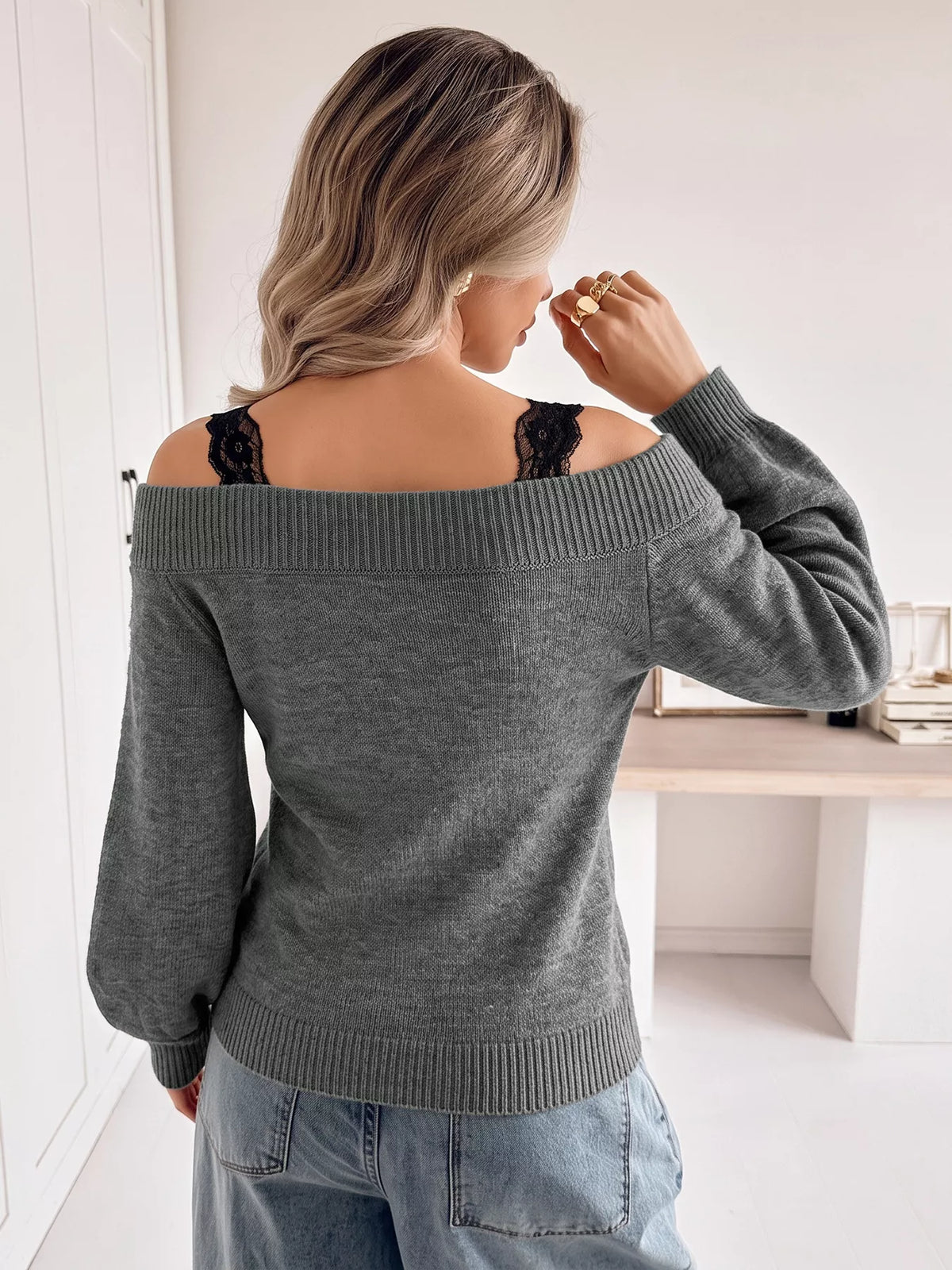 Lace Trim Off Shoulder Sweater styled look
