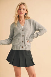 Aemi + Co Ribbed Hem Button Down V-Neck Cardigan Gray - Fashorio