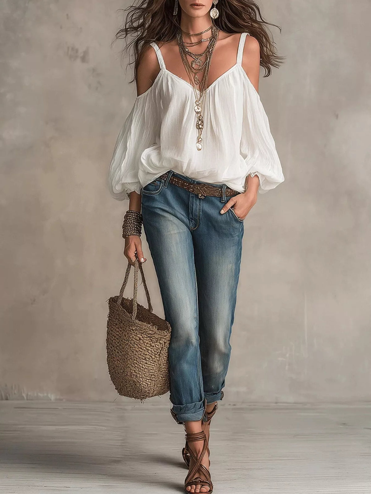 Cold shoulder balloon sleeve blouse full length view