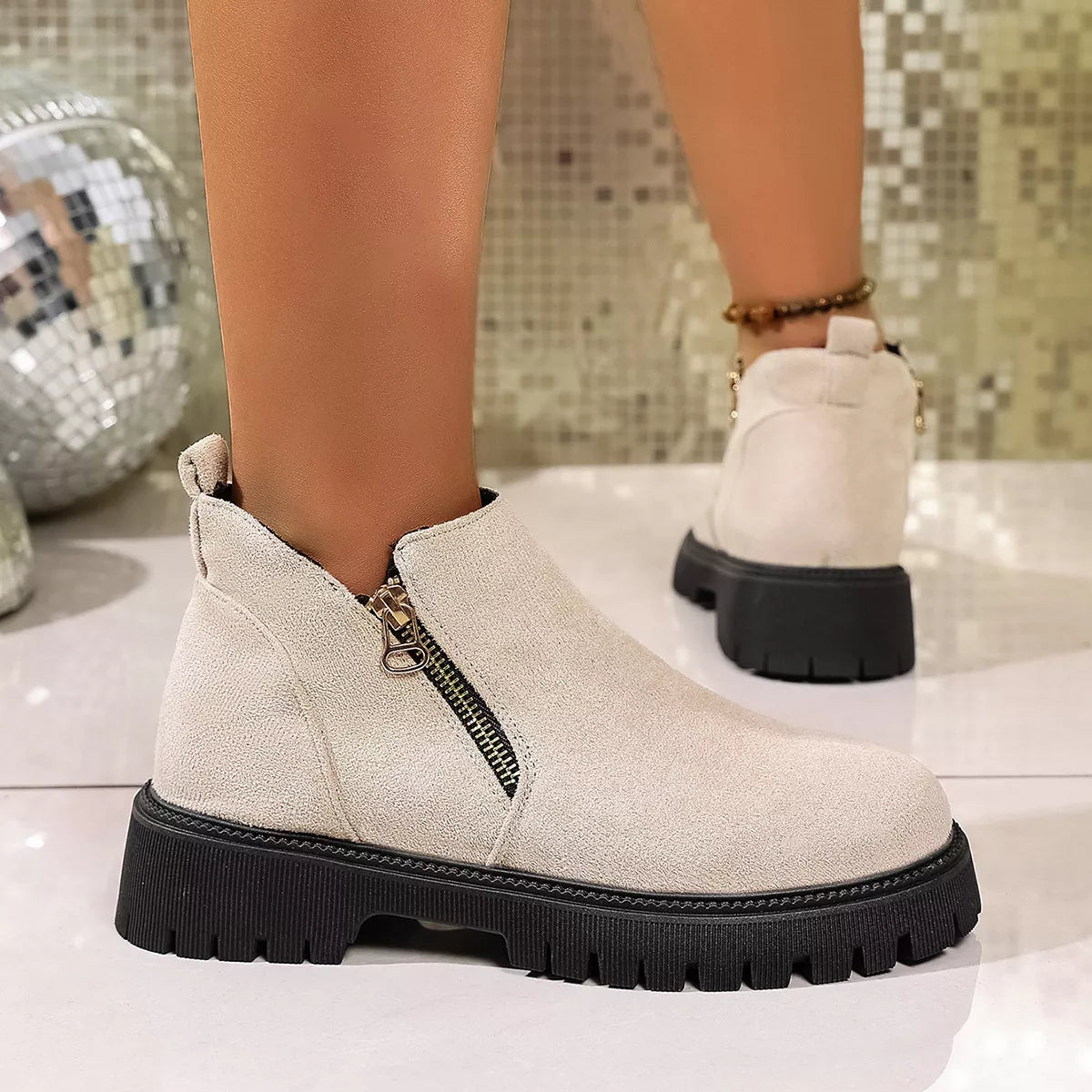 Round toe side zip ankle boots back view