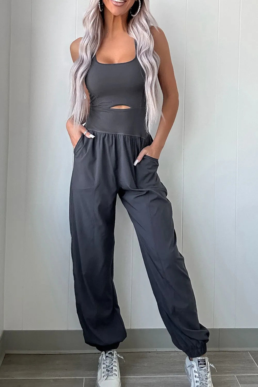 Cutout Square Neck Wide Strap Active Jumpsuit - Fashorio
