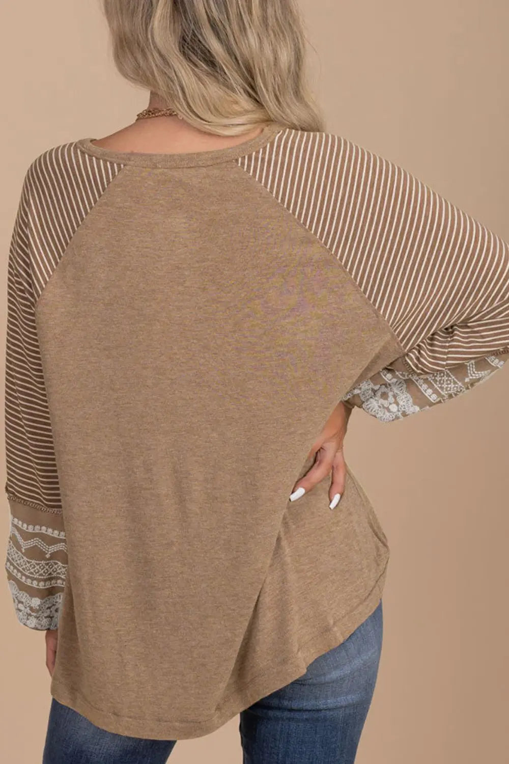 Striped Round Neck Long Sleeve Blouse - Fashorio