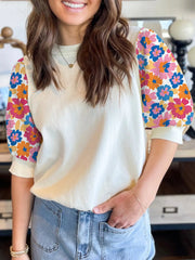 Floral Puff Sleeve Round Neck T-Shirt Beige - Fashorio