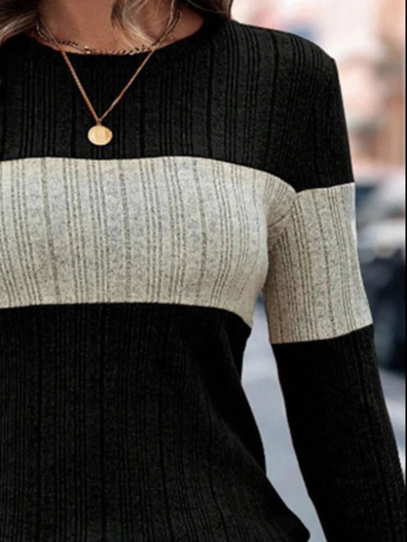 Color Block Round Neck Long Sleeve Sweater - Fashorio