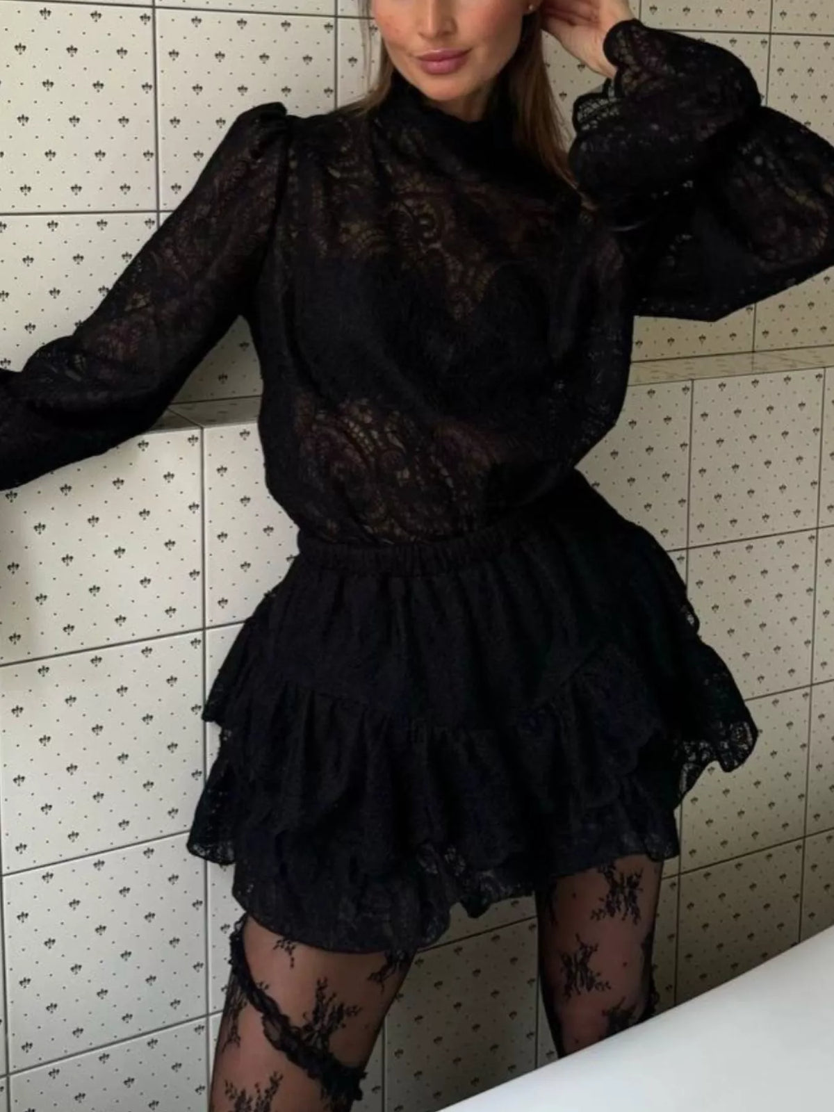 Lace Long Sleeve Top and Skirt Set, view 9