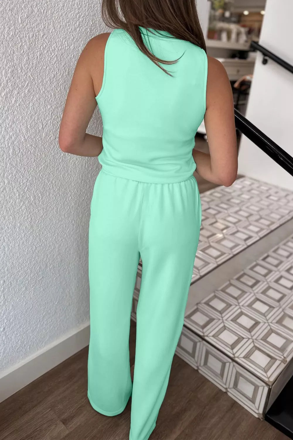 Green two piece casual set relaxed top and drawstring bottoms