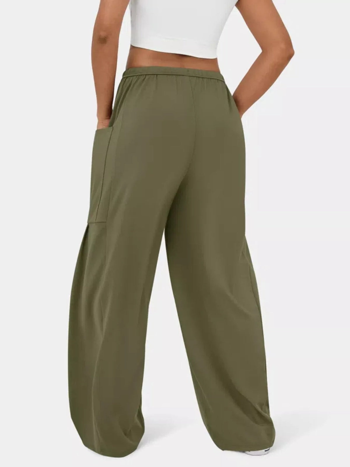 High waisted wide leg drawstring pants close up view