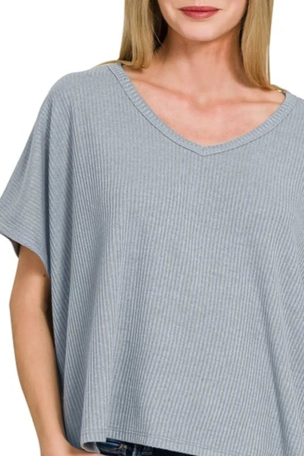 Zenana Ribbed V-Neck Short-Sleeve Knit Top - Fashorio