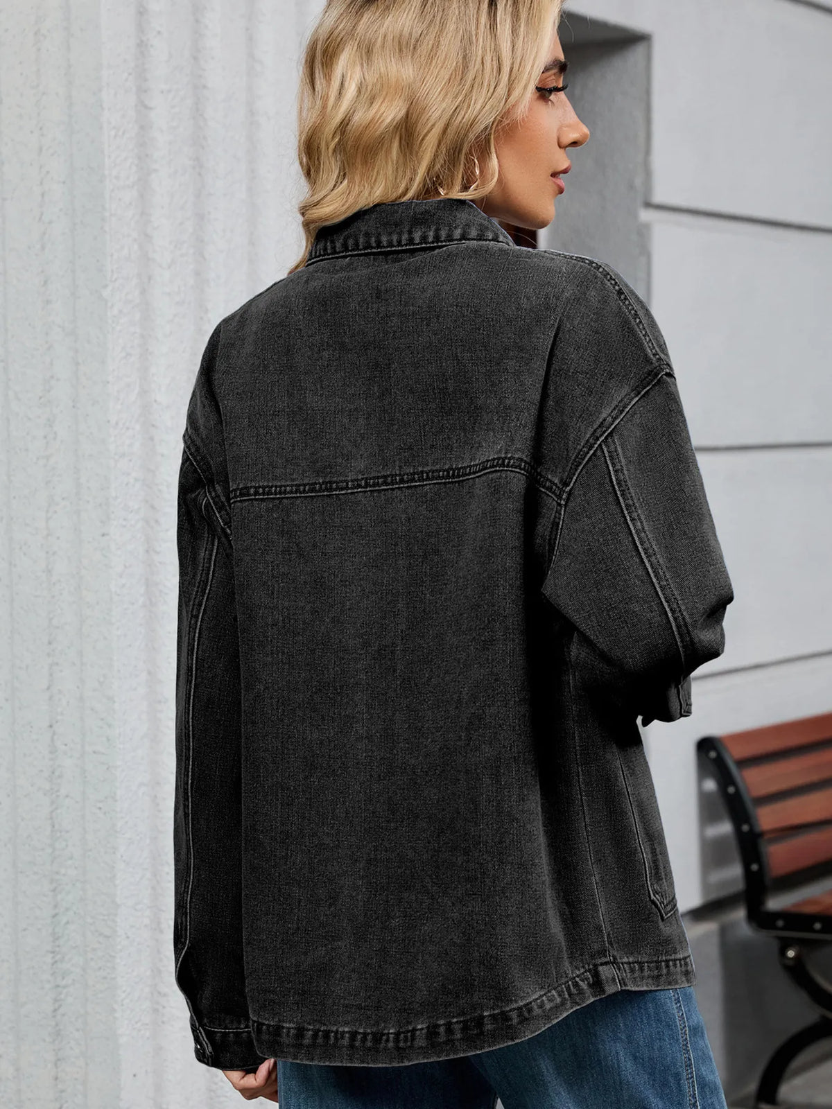 Oversized denim jacket shown buttoned