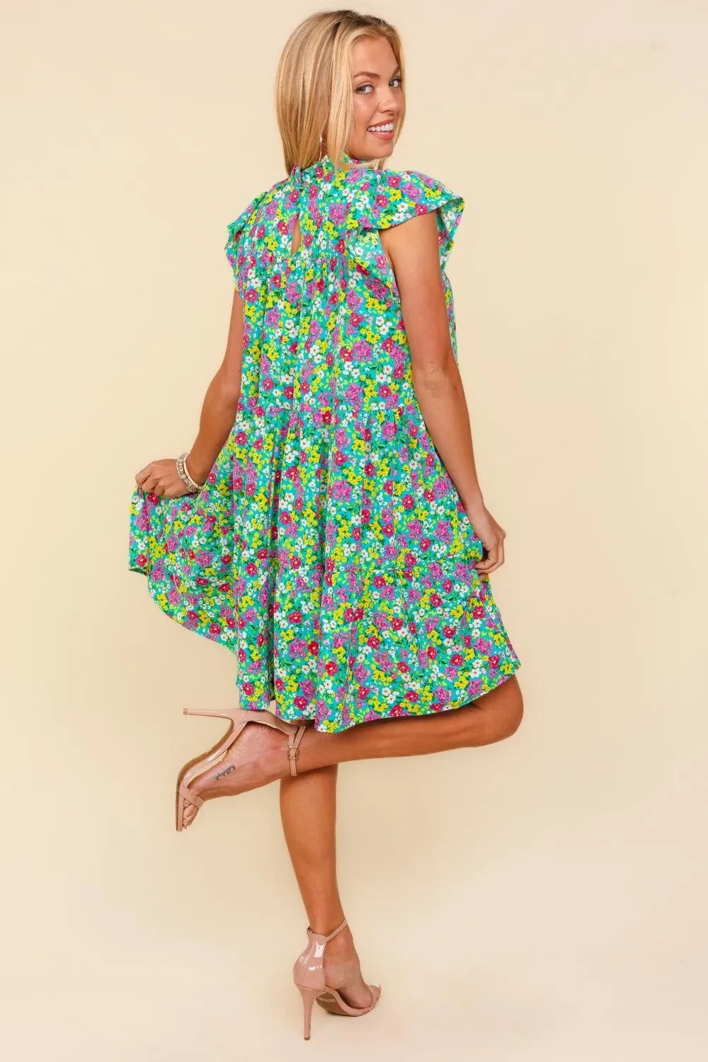 Frilled Mock Neck Ditsy Floral Dress back view